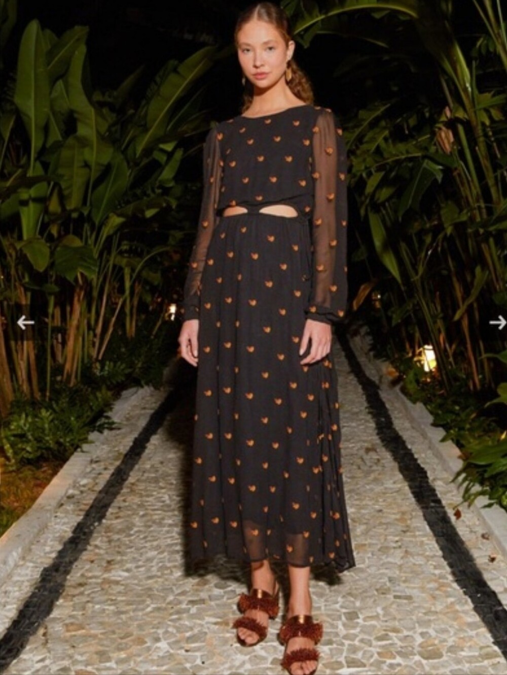 Farm Rio Lurex Bananas Embroidered Maxi Dress Black Sheer Cut Out XS